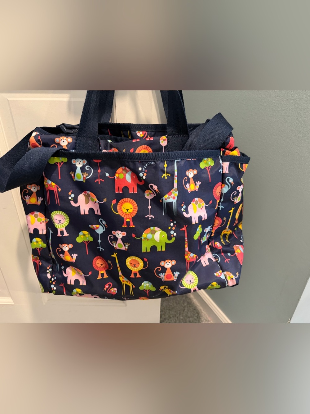 Navy Animal Print Tote Bag with Colorful Safari Motif